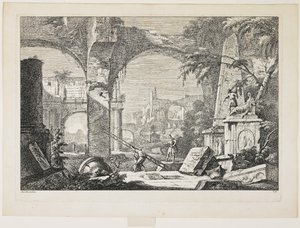Denkbeeldig uitzicht met oude ruïnes